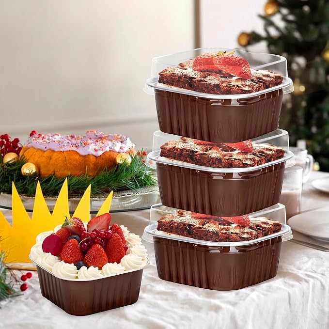 100Pack 5oz Brown Mini Cake Pans with Lids Baking Cups Aluminum Foil Pans Tins, Individual Dessert Cups Containers for Sales,Party,Picnics