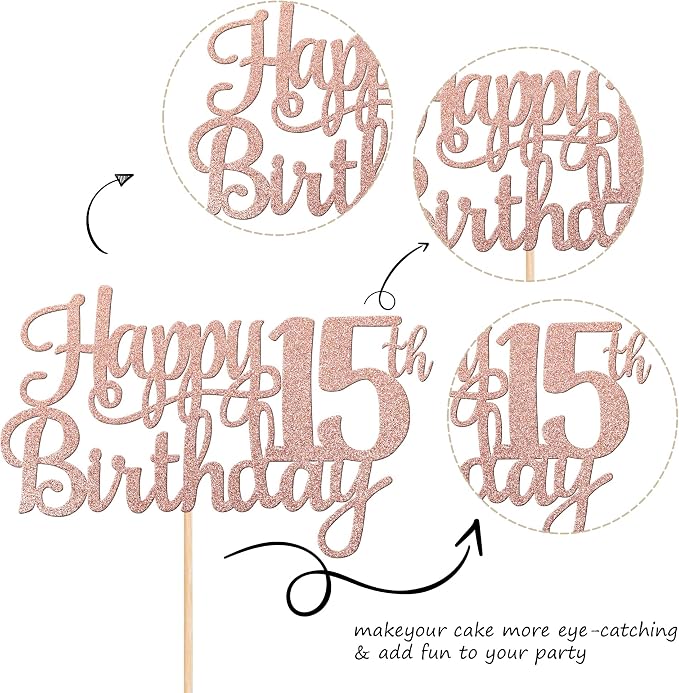 1 PCS Happy 15th Birthday Cake Topper Glitter Cheers to 15 Years Birthday Cake Pick Mis Quince 15 Fabulous Cake Decoration for Happy 15th Birthday Theme Party Decorations Supplies Rose Gold