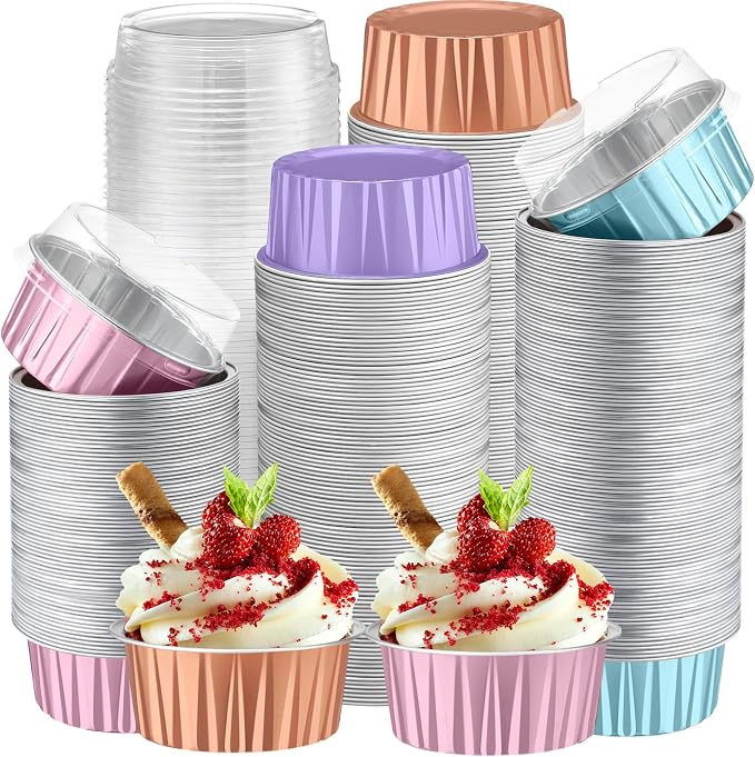 200 Pack Aluminum Foil Cupcake Liners with Lids, 5 oz Round Baking Cup, Disposable Ramekin Container for Graduation Wedding Independence Day Party(Champagne, Pink, Light Purple, Blue,Plain)