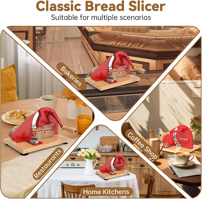 vanerepok Upgrade Manual Bread Slicer for Homemade Sourdough Bread, Classic Hand Crank Home Bread Slicer With Scale Line and Steel Fence, Sharp Blade, Adjustable Width for Homemade & Commercial Use