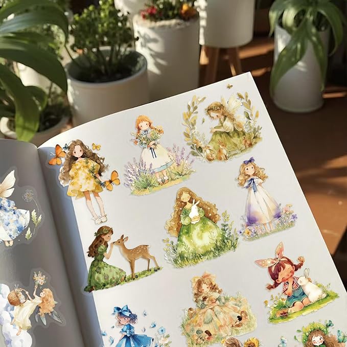 100Pcs Transparent PET Fairy Tale Princess Stickers Pack, Waterproof Vinyl Retro Watercolor Forest Fairy Decals for Skateboard Fridge Laptop Phone Luggage Princess Gown Stickers