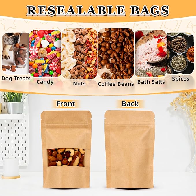Food Bags 100 Pack Granola Trail Mix Bags Sealed Bag with Window Resealable Stand Up Pouches Wax Melt Candy Bar Tea Packaging Beef Jerky Chip Bag Bolsas para Carne Seca