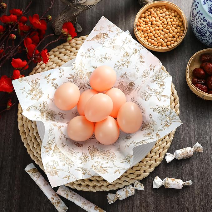 Feifeiya 200 Pcs Floral Wax Paper Sheet for Food Chinoiserie Bird Deli Paper Waterproof Sandwich Wrapping Greaseproof Food Basket Liners for Picnic Party Kitchen Supply, 9.8 x 8.7inch (Floral,Brown)