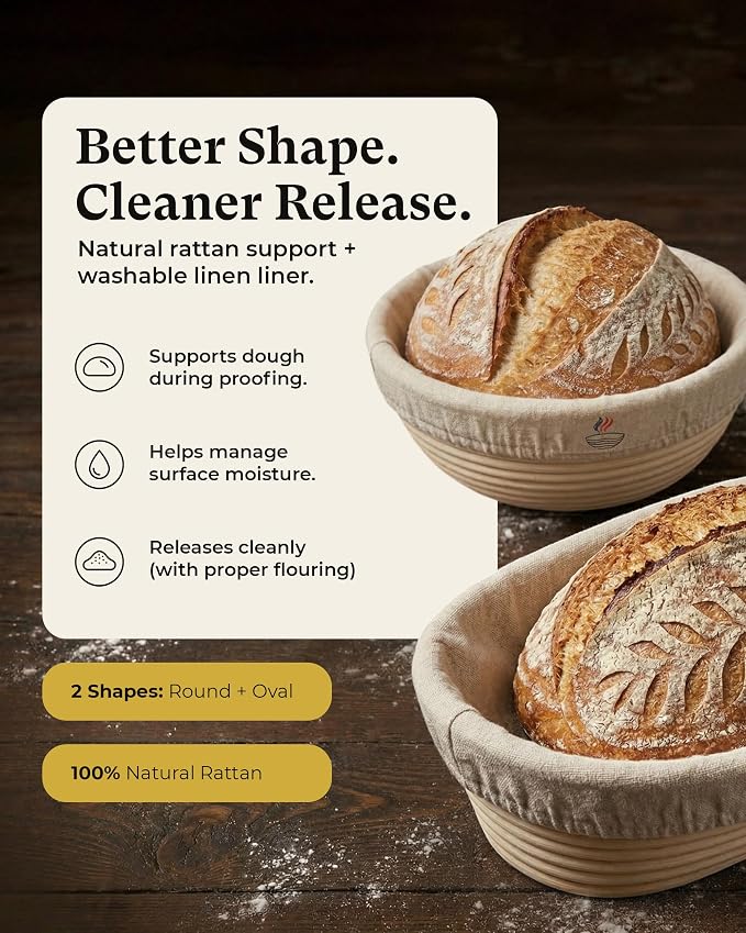 Banneton Bread Proofing Basket with Liners - Natural Rattan Dough Riser & Sourdough Starter Kit, Artisan Bread Loaves, Homemade Bread Making - 9” Round & 10" Oval Basket - 2 Pack