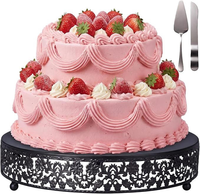 Wenqik 12 Inch Black Cake Stand Set Metal Round Cupcake Dessert Stand with Cake Cutting, Flower Spatula Wedding Cupcake Pastry Display Candy Holder Display for Wedding Party Birthday Baby Shower