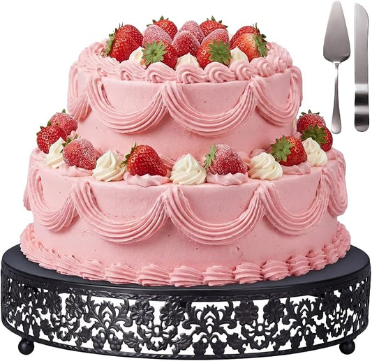 Wenqik 12 Inch Black Cake Stand Set Metal Round Cupcake Dessert Stand with Cake Cutting, Flower Spatula Wedding Cupcake Pastry Display Candy Holder Display for Wedding Party Birthday Baby Shower