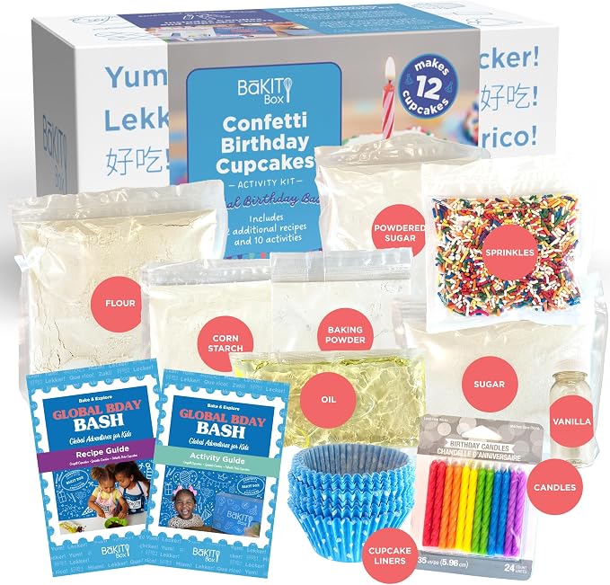 BāKIT Box Confetti Cupcakes Birthday Kit for Kids – Global Celebration Baking Kit – Cupcake Liners & Candles Included – STEM Birthday Activities – Ages 5–13