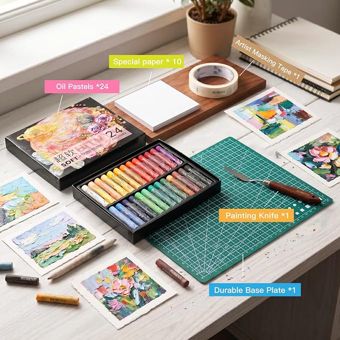 rubens 24 Soft Oil Pastels Set with 30 Sheets, Knife, Board, Tape for Beginners