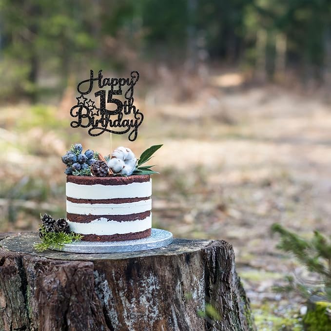 1 Pack Happy 15th Birthday Cake Topper Black Glitter Mis Quince 15 Cheers to 15 Years Old Birthday Cake Pick for Celebrating 15th Birthday Anniversary Party Cake Decorations Supplies