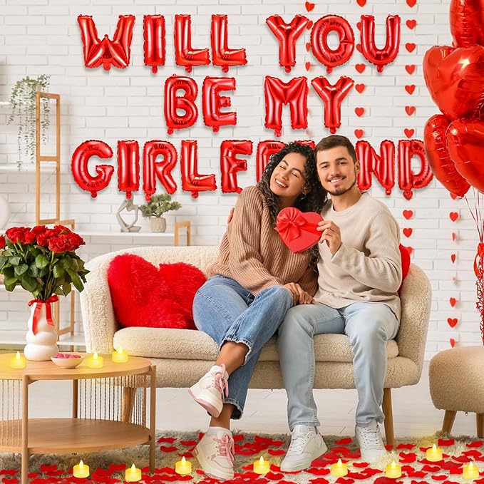 HyDren 18" Will You Be My Girlfriend Balloons Letters Kit Include Heart Shaped Balloons and LED Tealight Candles with Rose Petals Romantic Girlfriend Proposal Kit Valentines Day Decorations(Red)