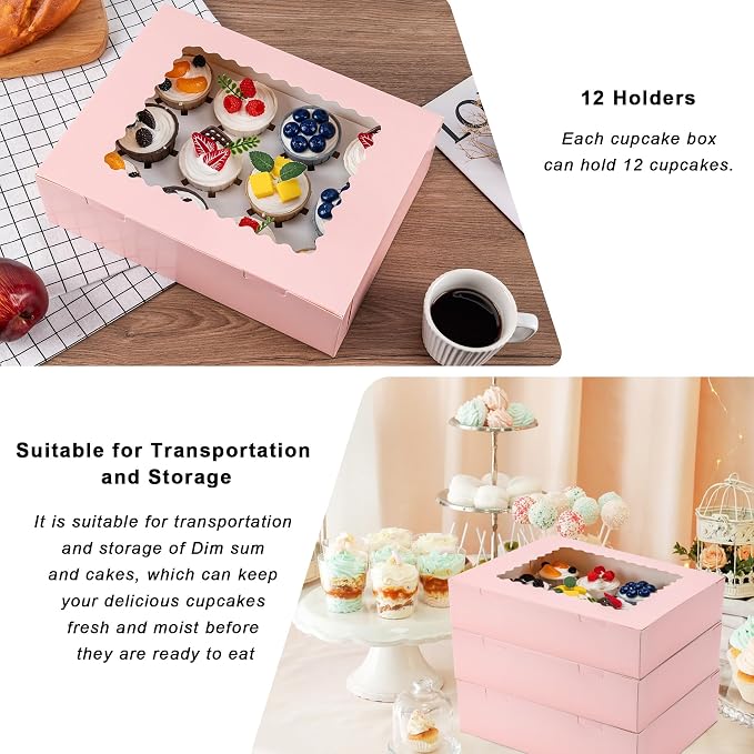 Hoewina 12PCS Cupcake Boxes - Hold 12 Count Cupcake Containers with Window, Food Grade Cupcake Holder Easy Transport and Presentation - Ideal for Cupcakes, Desserts, and More (Pink)