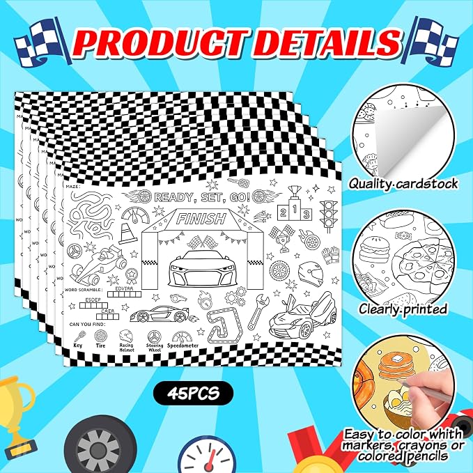 45pcs Race Car Disposable Coloring Placemats Racing Crafts for Kids Birthday Party Favors Coloring Poster Speed Car Checkered Flag Tire Activity Church Supplies Paper Table Mats