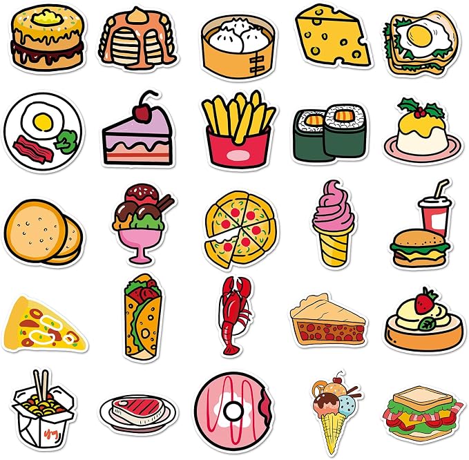 50 Pcs Cute Cartoon Food Stickers - Kawaii Doodle Vinyl Decals for Kids, Teachers, Journal & Laptop Decor - Waterproof Fun Sticker Pack (Cartoon Food)