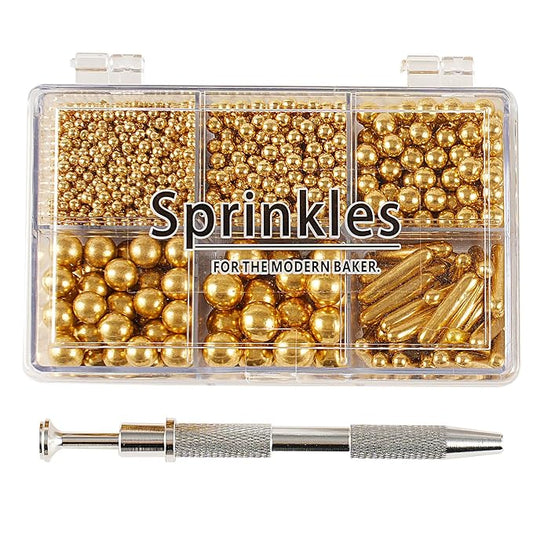 Kasvan Gold Mix Sugar Sprinkles - Edible Candy Pearls with 4-Claw Sprinkle Pen,118g/4.16 Oz, Gift Box Pack, Baking Cake Decorations, Ice Cream Toppings and Cookie Decorating, Wedding Party Chirstmas Supplies