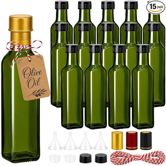 TBWIND 15 Pack 8.5oz (250ml) Glass Olive Oil Bottles with Airtight Caps | Includes Shrink Bands, Labels & Funnels; Ideal for Vanilla Extract, Infused Oils, Tinctures, Kombucha & Gift Giving