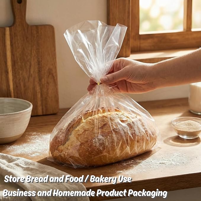 Wowfit Bread Poly Bags – Pack of 100 Entirely Transparent Clear Bakery Bags – Bread Packaging Bags with 100 Gold Twist Ties – 6x3x15-Inch Grocery Bread Bags