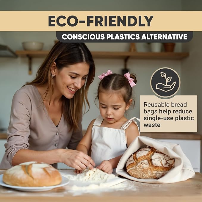 Reusable Linen Bread Bags, 2 Pack for Homemade & Sourdough | Cloth linen bread bags with BPA-free TPU liner and drawstring closure to keep homemade and sourdough loaves fresher