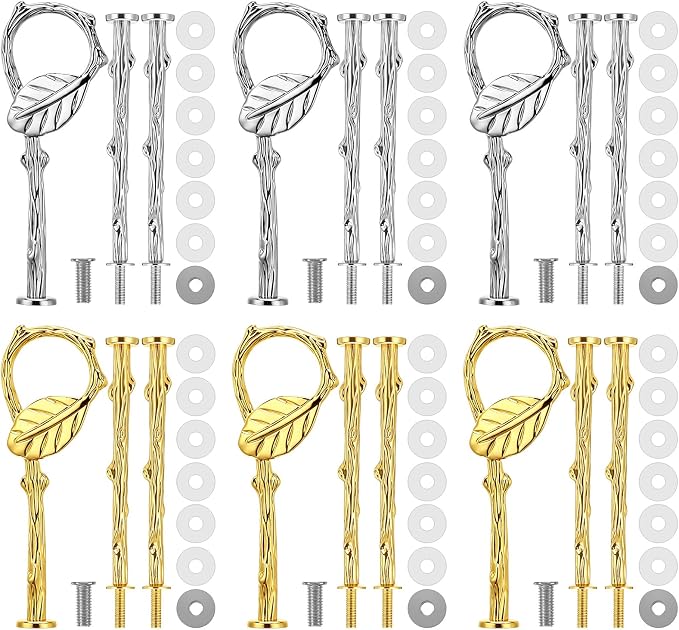 Patelai 3 Tier Cake Stand Hardware Tiered Tray Plate Hardware Kit Heavy Metal Cake Fruit Food Plate Stand Fitting Stacking Kit for Serving Dessert Cupcake Dish (Leaf,Gold,Silver,6 Sets)