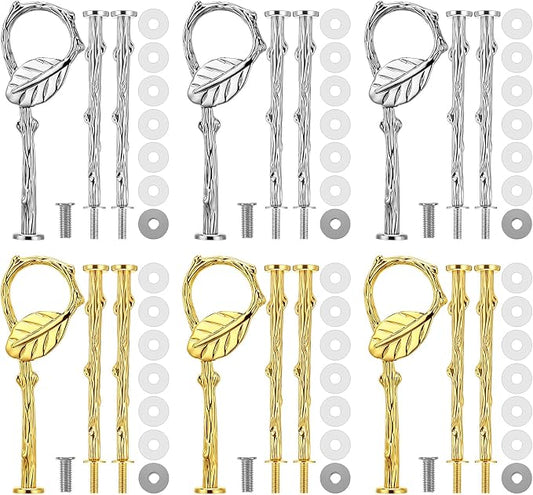 Patelai 3 Tier Cake Stand Hardware Tiered Tray Plate Hardware Kit Heavy Metal Cake Fruit Food Plate Stand Fitting Stacking Kit for Serving Dessert Cupcake Dish (Leaf,Gold,Silver,6 Sets)