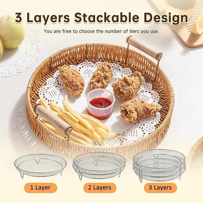 7.95 Inch Air Fryer Rack Set of 3 - Compatible with 4.2-5.8 QT Air Fryer, Stackable Stainless Steel Air Fryer Basket Accessories for Baking Oven Steamer, Round