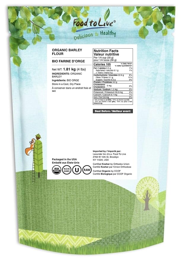 Food to Live Organic Barley Flour, 4 Pounds - Non-GMO, Stone Ground from Whole Hulled Barley, Fine, Kosher, Vegan, Bulk, Rich in Fiber, Perfect for Flour Blends, for Baking, Product of the USA