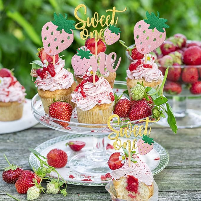 24 PCS Strawberry 1st Birthday Cupcake Toppers Glitter Sweet One Strawberry Cupcake Picks for Fruit Theme Baby Shower Kids 1st Anniversary Party Cake Decorations Supplies Pink