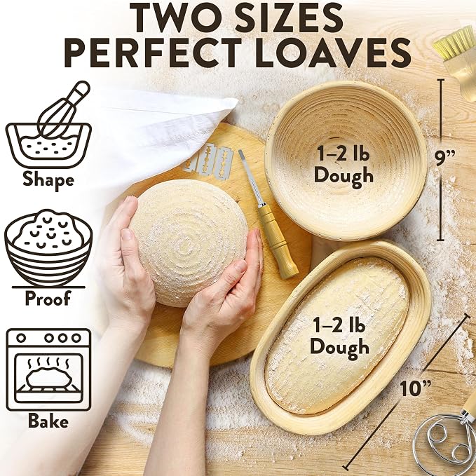 Complete Bread Proofing Baskets Set - Premium Quality Kit for Sourdough Bread Making - Includes 9" & 10" Banneton Basket w/All Needed Bread Baking Supplies - Perfect Tools for Baking Enthusiasts