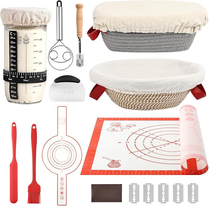 Sourdough Bread Baking Supplies, Banneton Bread Proofing Basket, 10 Inch Oval & Round Bread Baskets with Liners & Covers, Sourdough Starter Kit