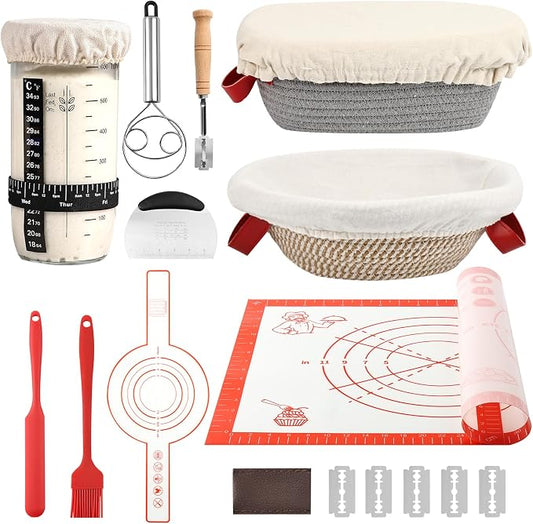 Sourdough Bread Baking Supplies, Banneton Bread Proofing Basket, 10 Inch Oval & Round Bread Baskets with Liners & Covers, Sourdough Starter Kit
