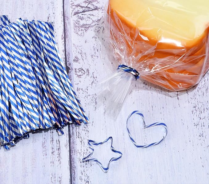 Mini Skater 4" Metallic Twist Ties Foil Bread Ties for Packaging Bakery Candy Goodies Cookies Gift Cellophane Treat Bags Christmas Wedding Party Favor Supplies,500Pcs (Blue Stripe)