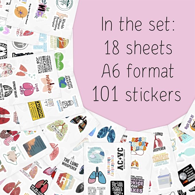 BulbaCraft 100Pcs Respiratory Therapist Stickers, RT Sticker for Water Bottle and Laptop - Respiratory Therapy Party Supplies & Decorations, Lung Waterproof Vinyl Medical Decals, Gifts for Women & Men
