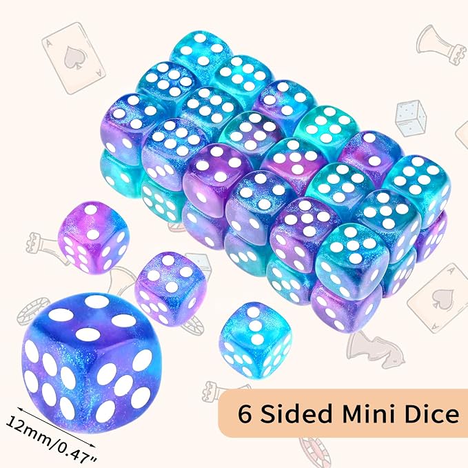 36 of Pack 12MM 6 Sided MINI Dice Set,Two Colours Glitter D6 Game Dice Set, 6 Sided Standard Dices for Yahtzee, Bunco or Teaching Math,with Portable Plastic Box(Green Purple)