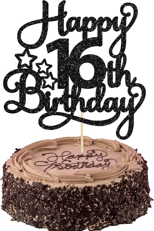 1 Pack Happy 16th Birthday Cake Topper Glitter Sweet 16 Cake Pick Decorations for Children Theme Party Supplies Black