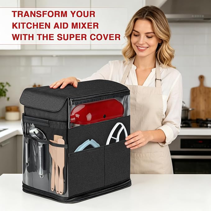 2026 Upgraded Stand Mixer Dust Cover with Appliance Sliders Base, Compatible with KitchenAid Tilt-Head 4.5-5 Quart Mixer, Waterproof Mixer Protector with Storage Pockets for Kitchen Aid Attachments