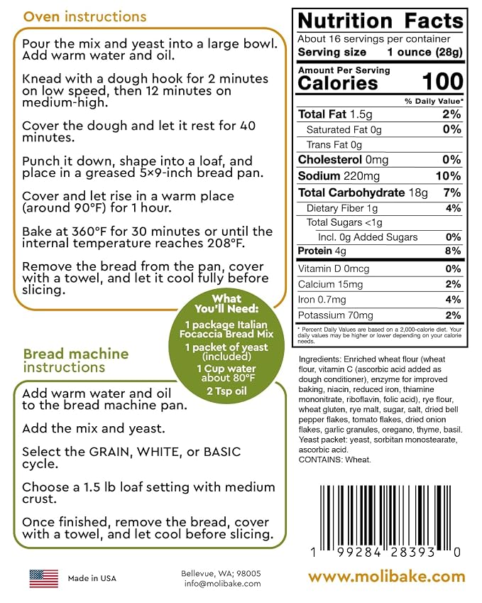 Molibake Italian Focaccia Bread Mix – Pack of 2 – Premium Artisan Italian Bread Mix for Bread Machine and Oven – 15 oz – All-Natural Gourmet Mediterranean Blend with Bell Pepper, Tomato, Onion, Garlic & Herbs – Easy Homemade Baking