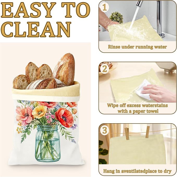 2 Pack Beeswax Watercolor Spring Flower Bread Bags for Sourdough Homemade Breads, Reusable Beeswax Bread Storage Bag, Keep Loaves Fresh Longer, Freezer Safe & Airtight, Zero Waste 17 x 13''