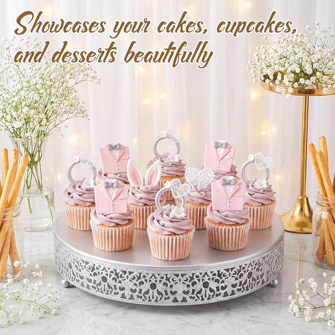 Wenqik 14 Inch Silver Cake Stand Set Metal Round Cupcake Dessert Stand with Cake Cutting, Spatula Wedding Cupcake Pastry Display Candy Holder Display for Wedding Party Birthday Baby Shower(Classic)