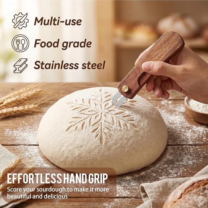 Wooden Bread Lame for Sourdough Scoring, Professional Sourdough Scoring Tool with 10 Blades, Ergonomic Bread Scorer for Artisan Baking Supplies