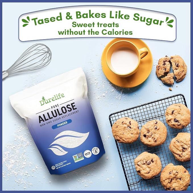Durelife Allulose sweetener, 1 lb 100% Pure No Erythritol powdered Sugar Substitute, NON-GMO Project Verified, Keto Certified, OU kosher, No Fillers, Zero Calories sugar alternative 1 Lbs