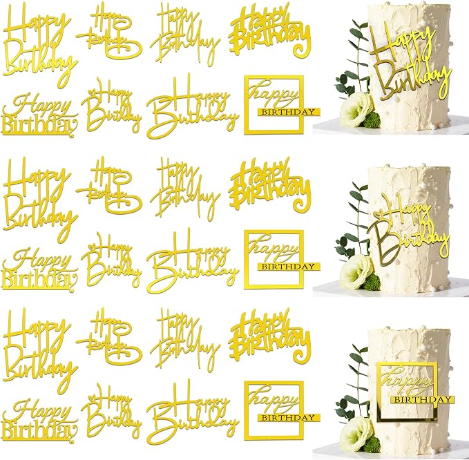 24 PCS Gold Happy Birthday Cake Toppers Mirror Acrylic Side Cake Decorations 8 Styles
