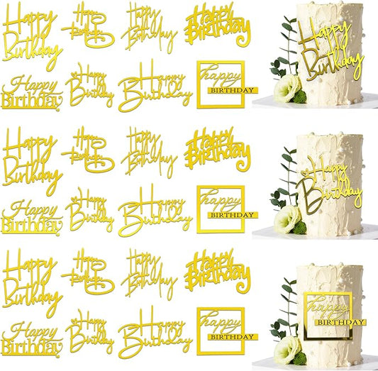 24 PCS Gold Happy Birthday Cake Toppers Mirror Acrylic Side Cake Decorations 8 Styles