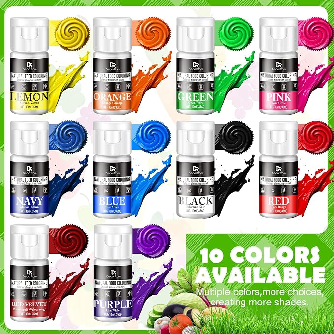 Natural Food Coloring, 10 Colors Bright Liquid Dye Free Food Coloring, Plant Based Food Colorings for Baking, DIY Cake Making, Cookie Decorating, Donut, Cream, Fondant, Candy & Baking Adult Hobby