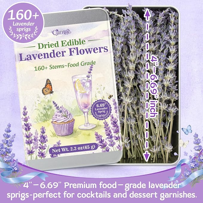 160+ Edible Lavender Sprigs for Cocktails & Dessert, 6.69'' Edible Flowers for Drinks Garnish Tea DIY Craft, Food Grade Culinary Lavender Flower Bud 2.3 oz(65 g)