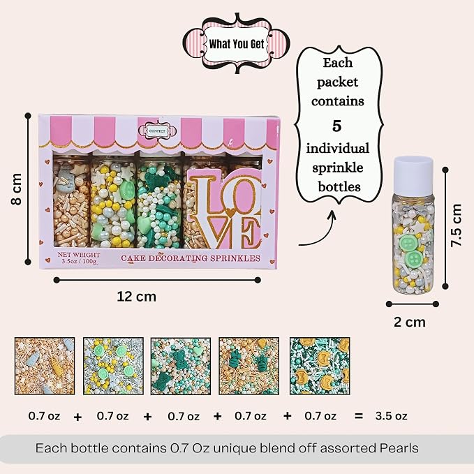 Confect Neutral Baby Shower Sprinkles | Mix Gold, Silver, Pearl & Sage Green Sprinkles | Assorted Pack of 5 Edible Mix Heart, Star, Baby Rattles & Baby Feed Bottle Sprinkles | Vegan, Gluten-Free, Nut-Free, Soy-Free, Dairy-Free, Palm Oil-Free - 5 Oz
