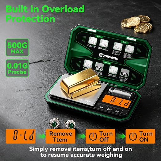 UNIWEIGH Digital Gram Scale 500g x 0.01g Accuracy Small Scale | Mini Pocket Jewelry Scale 6 Units/LCD,Weighs Small Food,Coin,Powder,Micro,Grains,Tare Function,Green(Battery Included)