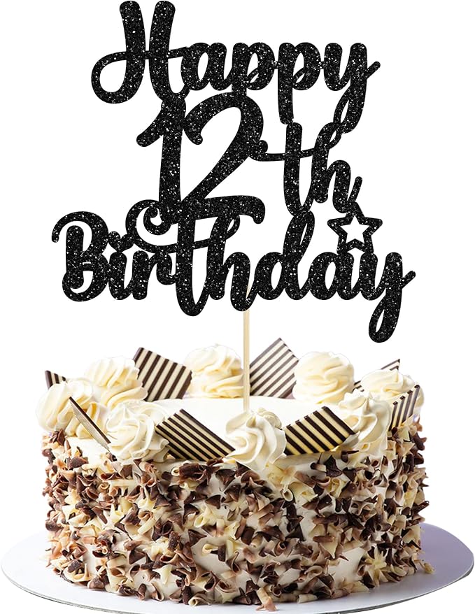 Gyufise 1Pc Happy 12th Birthday Cake Topper Glitter 12 & Fabulous Cheers to 12 Years Old Cake Pick for Celebrating 12th Birthday Anniversary Party Cake Decorations Supplies Black