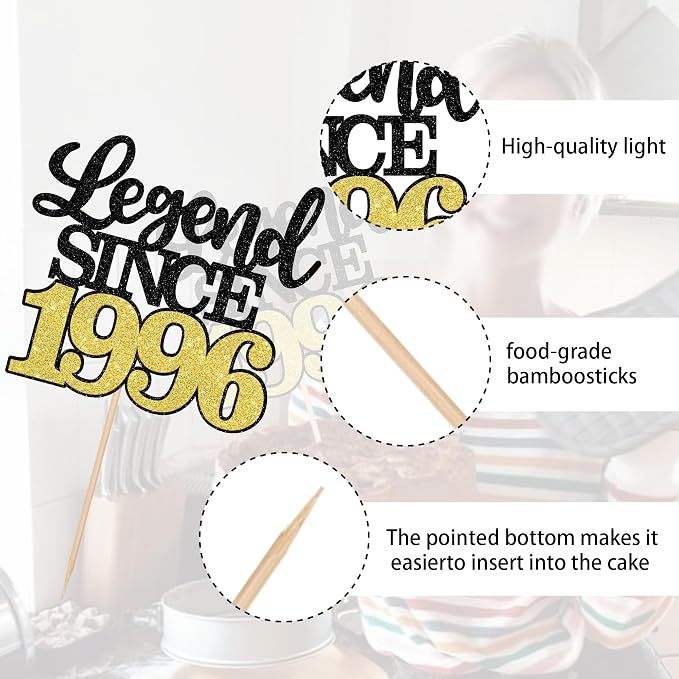1 PCS Legend Since 1996 Cake Topper Black Gold Glitter Thirty Happy 30th Birthday Cake Pick Cheers to 30 Years Cake Decoration for 30th Birthday Wedding Anniversary Party Decorations Supplies