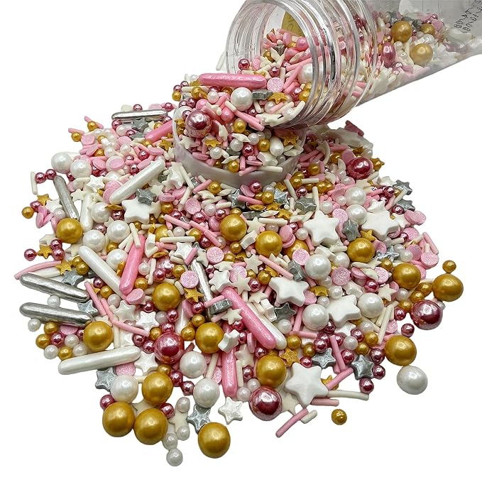 SE Si&Moos Pink Sprinkles 4.6 OZ Pink White and Gold Edible Pearls for Cake Decorating Pink Gold and White Pearl Sprinkles for Baby Shower Halloween Christmas Cookie Decorations