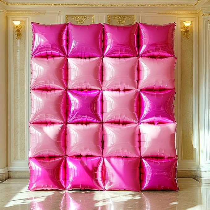 NISOCY 25PCS Hot Magenta Pink Square Foil Balloons Wall Backdrop Double Sided Metallic Pink Balloons Arch Kit for Galentines Valentines Day Bachelorette Birthday Engagement Bridal Party Decorations