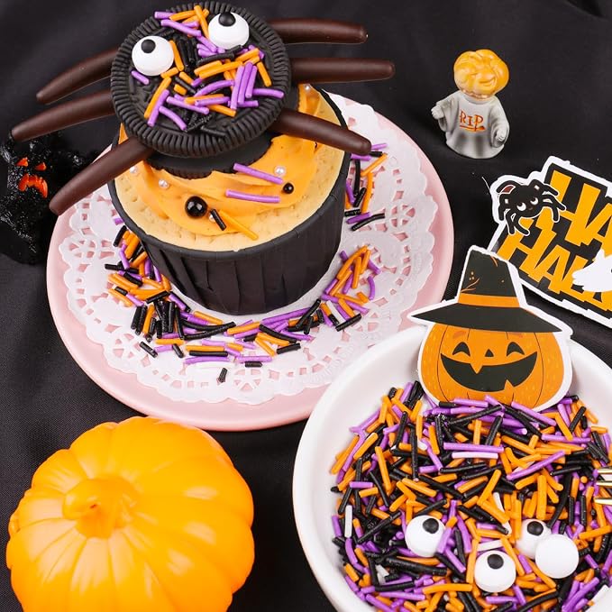 Halloween Sprinkles, Black Orange Purple White Jimmies with Edible Candy Eyes for Cake Decorating, 4.6oz Cookie Cupcake Decorations for Spooky Halloween Baking & Party Treats
